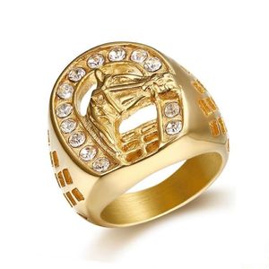 Cluster Ringen HIP Hop Micro Pave Strass Iced Out Bling Paard Ring IP Gold Filled Titanium Roestvrij Staal Voor Mannen Jewelry228K