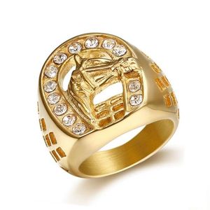 Cluster Ringen HIP Hop Micro Pave Strass Iced Out Bling Paard Ring IP Gold Filled Titanium Roestvrij Staal Voor Mannen Jewelry2331