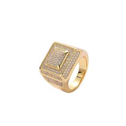 Anillos de racimo Hip Hop Square Casting Shining 18K Real Gold Plated Cubic Zircon Diamond Finger Ring Jewelry Drop Delivery Dhnyj