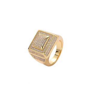 Cluster Rings Hip Hop Square Casting Shining 18K Plaqué Or Réel Cubic Zircon Diamant Bague Bijoux Drop Delivery Dh5C6