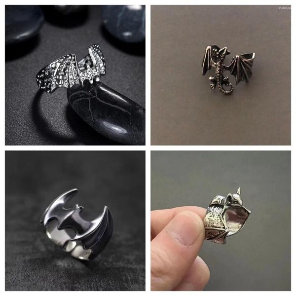 Anillos de racimo Hiphop Estilos Acero inoxidable Bat Spot Patrón Anillo Titanio Negro Piedra Punk para hombres Mujeres Joyería Regalo de fiesta