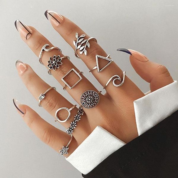 Anillos de racimo Hiphop Vintage Geometría Ondas Conjunto para mujeres Hombres Retro Punk Plata Color Flor Hoja Estrella Cadena Anillo de dedo Joyería