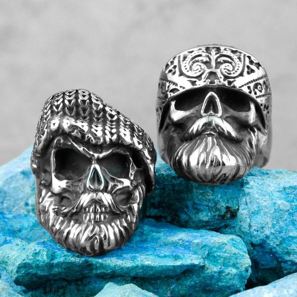 Anillos de racimo Hippie Big Beard Wear Hat Skull Acero inoxidable para hombre Punk Hip Hop para novio Biker Jewelry Creativity Gift Wholesale