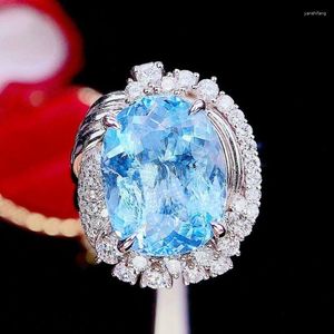 Cluster ringen hjy aquamarine ring fijne sieraden puur 18k goud natuurlijk 4.86ct blauwe edelstenen voor vrouwen verjaardagscadeautjes