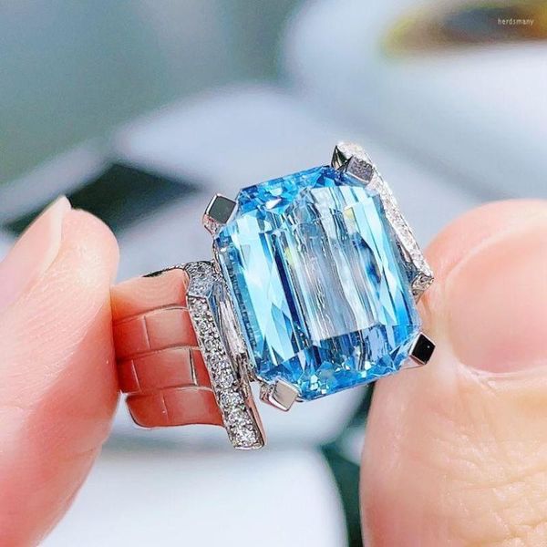 Bagues de grappe HJY bague aigue-marine bijoux fins or pur 18 carats naturel 6.36ct pierres précieuses bleues pour les cadeaux d'anniversaire des femmes