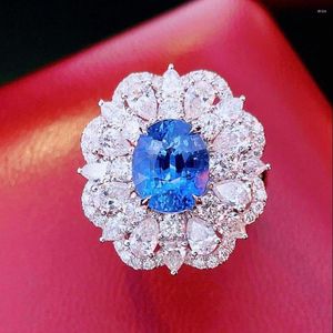 Cluster ringen HJY blauwe saffier ring 3.18ct echte 18K goud natuurlijke onverwarmde korenbloem edelsteen diamanten steen vrouwelijk