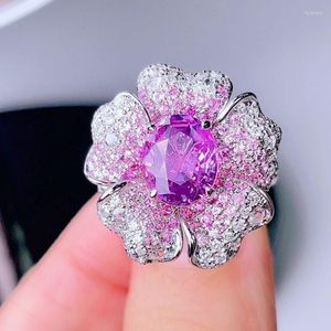 Anillos de racimo HJY GUILD Anillo de zafiro rosa Real Pure 18K Piedras preciosas naturales 3.21ct Diamantes Piedra Mujer