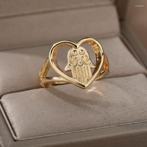 Anillos de racimo hueco mano de Fátima Hamsa para mujer anillo de dedo en forma de corazón de acero inoxidable regalo de joyería de fiesta Vintage Bijoux FemmeCluster