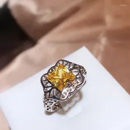 Cluster anneaux évidés anneau de mariage zircon jaune huit cœurs flèches de bijoux de fête plaqués en platine cadeau