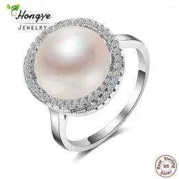 Cluster anneaux hongye authentique 925 argent sterling élégant beauté 12 mm banc d'anneau de perle d'eau douce blanc pour femmes