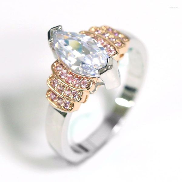 Anillos de racimo Ojo de caballo Color Zircon Anillo de bodas de oro rosa para mujeres Simple Micro-incrustado Simulación Joyería Compromiso