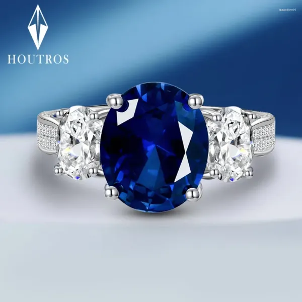 Bagues de cluster Houtros 5CT Oval Sapphire Ring pour les femmes 925 Sterling Silver Rétro Gemstone Mariage Engagement Band Party Fine Bijoux Cadeau