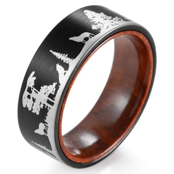 Anneaux de cluster Scène de loups hurlants Bague en bois de tungstène Bague de mariage pour hommes Noir Nature Chasse au bois -