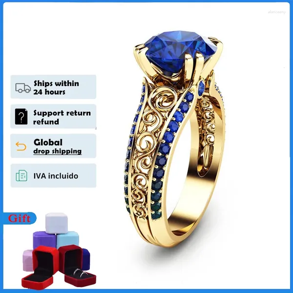 Anillos de racimo Hoyon 14k color oro color azul anillo de zafiro para mujeres joyería de boda estilo diamante rojo piedra preciosa rubí rosa