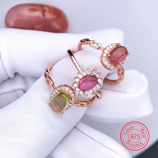 Anillos de racimo Hoyon 18k oro natural verde turmalina piedra preciosa con incrustaciones de diamantes anillo de rosa de las mujeres moda simple regalo de joyería de boda