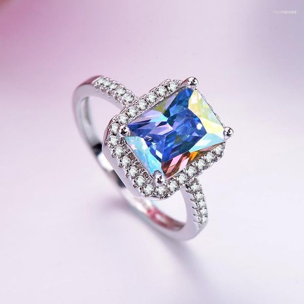 Anillos de racimo Hoyon Anillo de gemas coloridas para mujeres Diamond Princess Baguette Micro-set Zircon Lady Joyería de cumpleaños