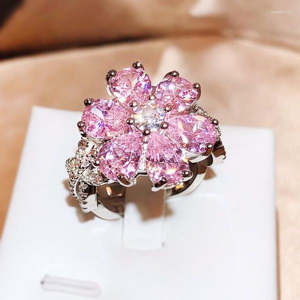 Anillos de racimo HOYON lujo rosa flor princesa diamante cristal abierto anillo gema compromiso boda 925 Color plata joyería de mujer