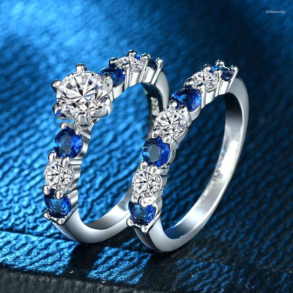 Anillos de racimo HOYON lujo zafiro azul piedra preciosa conjunto de anillos de circón para pareja imitación diamante principal punta joyería de mujer envío gratis