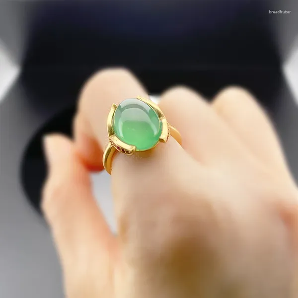 Anillos de racimo HOYON Real 18K Anillo de revestimiento de oro puro para mujeres Imitación Esmeralda Gemas Mujer Damas Verde Jade Piedra Joyería de boda Regalo