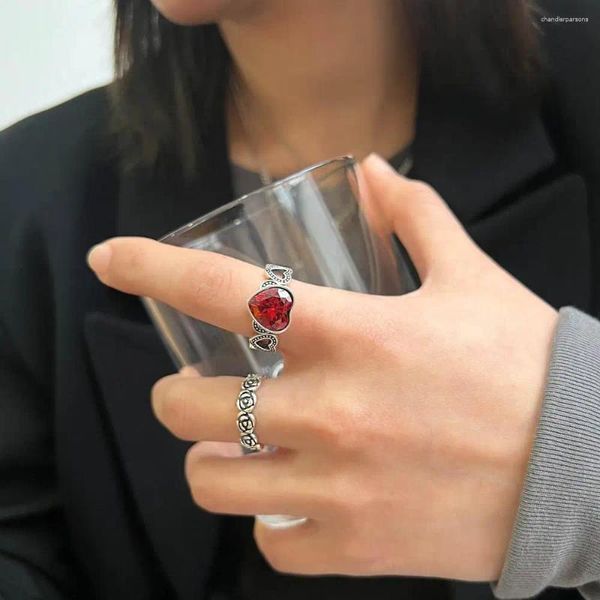 Cluster anneaux hoyon thai silver anneau amour en forme de coeur Ruby Stone pour femmes couple des bijoux de fête rétro cadeaux d'anniversaire