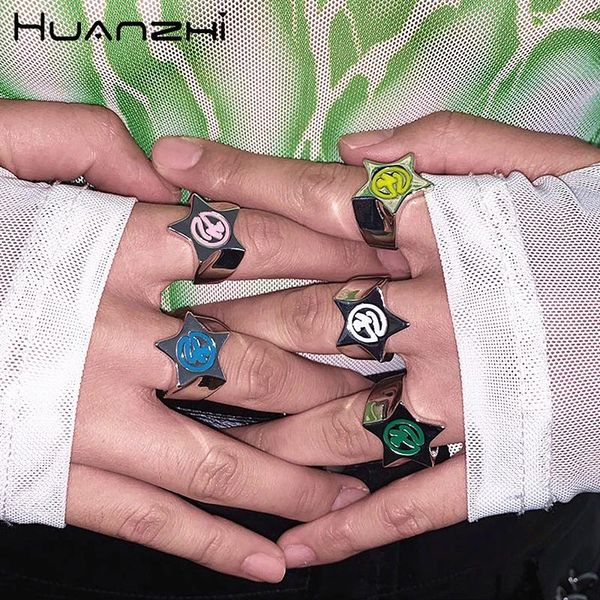 Bagues de cluster Huanzhi 2023 Design Couleur exagérée Goutte à goutte Glaze Symbole Hip Hop Métal Star Ouverture pour femmes Homme Bijoux de fête