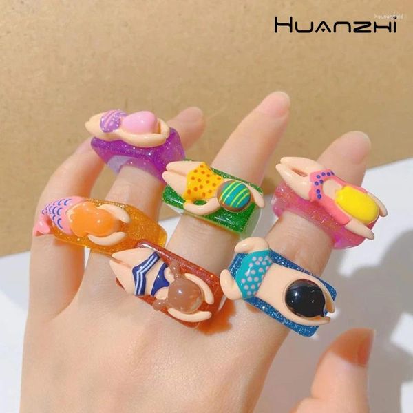 Anillos de racimo Huanzhi personaje de dibujos animados natación anillo creativo colorido brillo resina accesorios de mano para mujeres niña fiesta joyería regalo