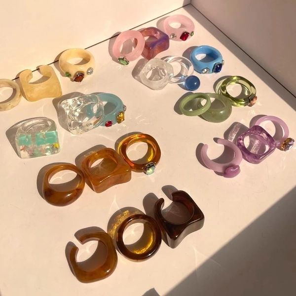 Anillos de racimo Huanzhi colorido transparente acrílico irregular mármol patrón anillo resina tortuga para mujeres niñas joyería