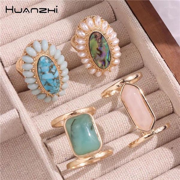 Bagues de cluster Huanzhi Géométrique Ovale Mode Fleur Coloré Pierre Naturelle Pour Femmes Filles Abalone Shell Vintage Personnalité Alliage 2024