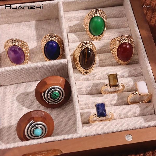 Cluster anneaux Huanzhi vintage rond grand anneau de bois naturel pierre géométrique file de filetage