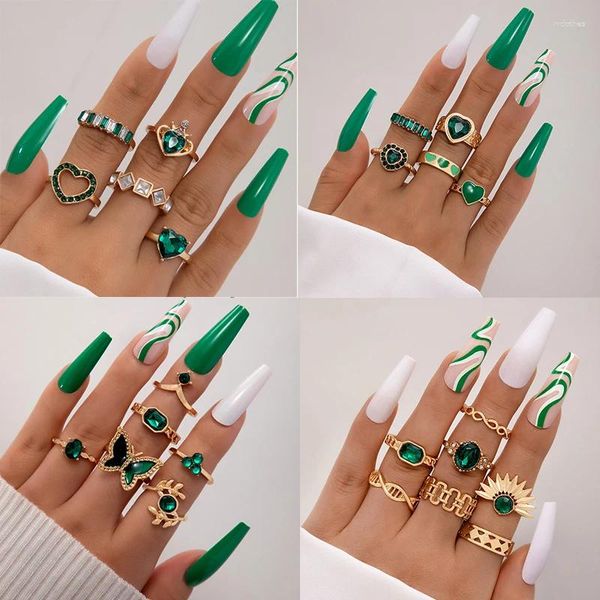 Anneaux de cluster HuaTang Bohemian Love Flower Butterfly Joint Combinaison Bague Set pour Femmes Géométrique Alliage Vert Goutte D'huile Cadeau 23656