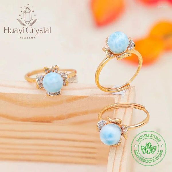 Anillos de racimo HUAYI Diseños originales Flor de lujo Dominicana Natural Larimar Anillo Ajustable Latón 18k Chapado en oro Joyería de moda para