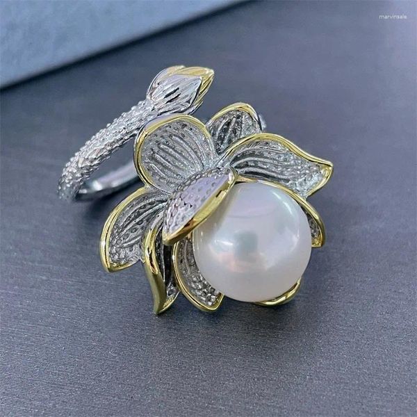 Anneaux de cluster Énorme 10-11mm 11-12mm Naturel Mer du Sud Blanc Lotus Bague d'ouverture Argent Ensemble complet du corps S925- Coffret cadeau