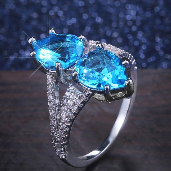 Anillos de racimo Huitan Come fiesta en forma de gota de agua para mujeres lujo doble separado cielo azul cristal piedra punta ajuste nudillo anillo