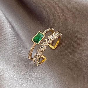 Bagues de cluster Huitan Style coréen Double couche Bague pour femmes Vert CZ Forme géométrique Mode Polyvalent Ouverture 2023 Bijoux