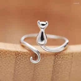 Cluster Ringen Huitan Zilver Kleur Kat Ring Voor Vrouwen Opening Aanpasbaar Dier Eenvoudige Stijlvolle Meisjes Accessoires Mode Veelzijdige Sieraden