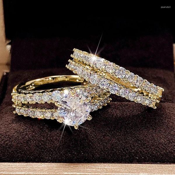 Anillos de racimo Huitan Trendy Hollow Set Full Bling Iced Out CZ Piedra de lujo Mujeres Compromiso de boda 2 unids Joyería Drop