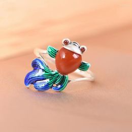 Cluster Rings HX Argent Couleur Goldfish Ring Vintage Cloisonné Incrusté Émail Ouvert National Fashion Girl