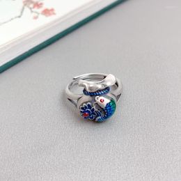 Cluster Rings HX Silver Color Koi Wealth Transfer Ring Femme Réglable Personnalité féminine Petit classique Style ethnique Bijoux pour hommes