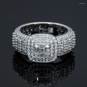 Bagues de cluster Iced Out Baguette Carré Moissanite Hommes Bague Hiphop Rock D Couleur Diamant Bande De Mariage Mâle Or Blanc Plaqué