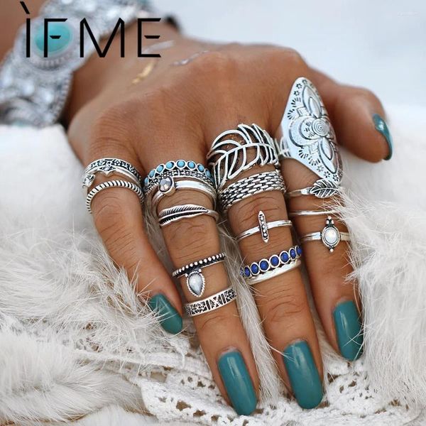 Bagues de cluster If Me Vintage Bohemian Ring Set Punk Antique Argent Couleur Feuille Armure Bouclier Géométrique Knuckle Midi Pour Femmes Bijoux Cadeaux