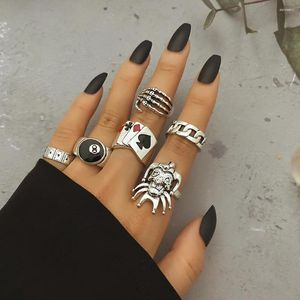 Bagues de cluster IFME Punk Gothic Joker Poker Large Chaîne Bague Ensemble Pour Femmes Vintage Argent Plaqué Rétro Adolescent Charme Doigt Tendance Bijoux