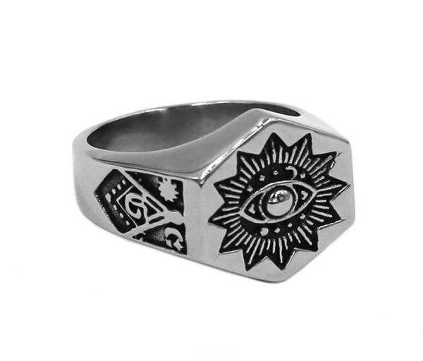 Anillos de racimo Illuminati Pyramid Eye Anillo masónico Joyería de acero inoxidable Hijos Light Sun Moon Star Biker Mens entero 931B4819852