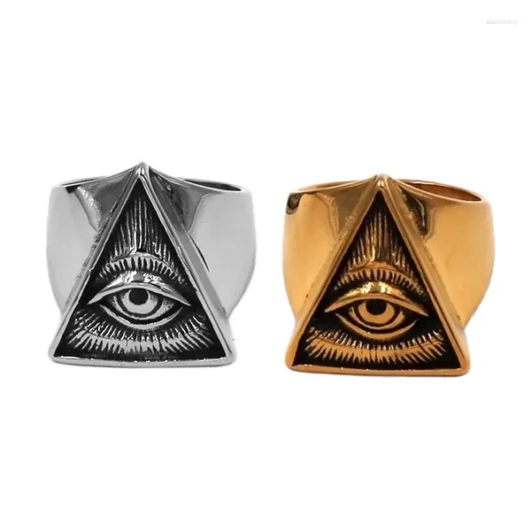 Anillos de racimo Illuminati Pyramid Eye Ring Joyería de acero inoxidable Color plata Oro Todo lo que ve Biker masónico Hombres al por mayor SWR0826