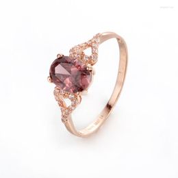 Anéis Cluster Banhado a Ouro Roxo 585 Rosa 14K Incrustado em Cristal Oval Rubi Casamento para Casais Jóias Elegantes e Leves de Luxo