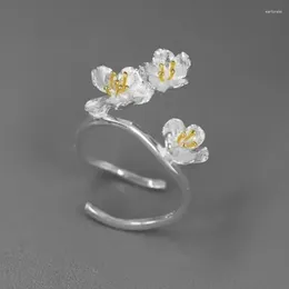 Cluster anneaux inature 925 argent sterling argent romantique de fleur de fleur de cerise romantique réglable pour les femmes bijoux.