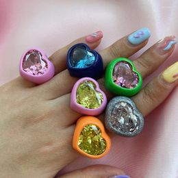 Cluster anneaux Ins créatifs mignons colorés en émail colore coeur coeur simple couleurs simples strass pour femmes filles bijoux de mode cadeau