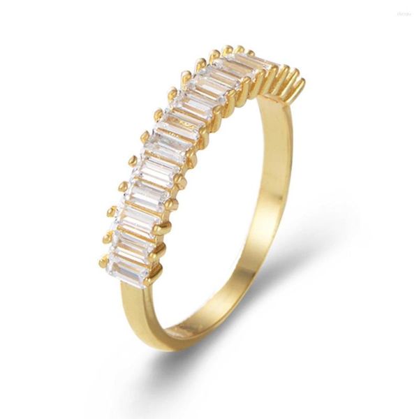 Anillos de racimo Ins Dainty Jewelry Pave Setting Baguette Cut CZ Stones Anillo en plata de ley 925 14K chapado en oro amarillo para regalo de mujer