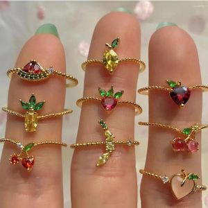 Bagues de cluster Ins Originalité Petit Zircon Fruits Bague pour Femmes Femelle Pêche Orange Ananas Citron Fraise Cerise Bijoux Doux