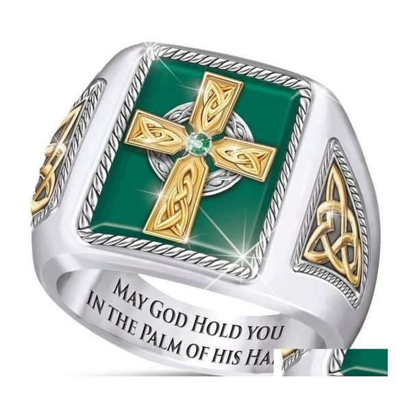 Anillos de racimo Irlanda Celtic Blessing Ring Cross Abuela Verde Macho Drop Entrega Joyería Dhwg8