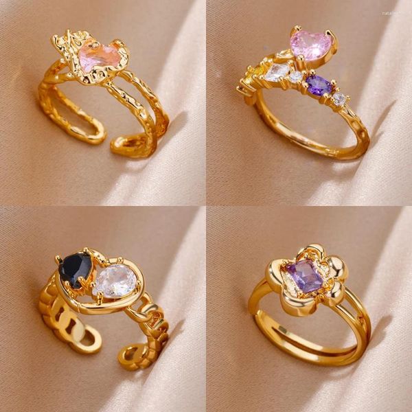 Bagues de cluster Coeur irrégulier pour femmes Zircone cubique Bague en acier inoxydable réglable Vintage Mariage Couple Bijoux Cadeau Anillos Mujer